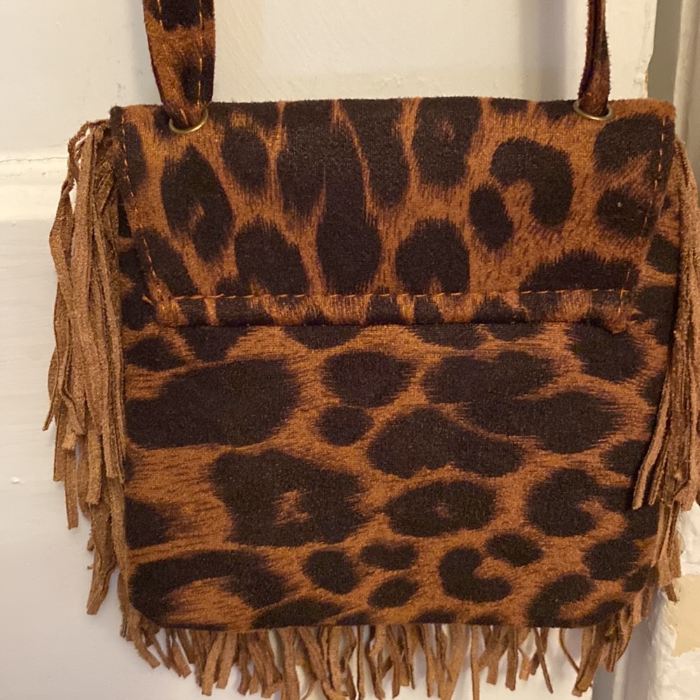 Long Strap Brown & Black Fringe Leopard Print Mini Purse - Picture 3 of 9
